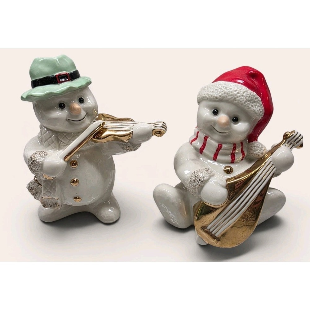 Mikasa Holiday Elegance Porcelain Snowman Musician Lot of 2 Violin & Lute/Guitar